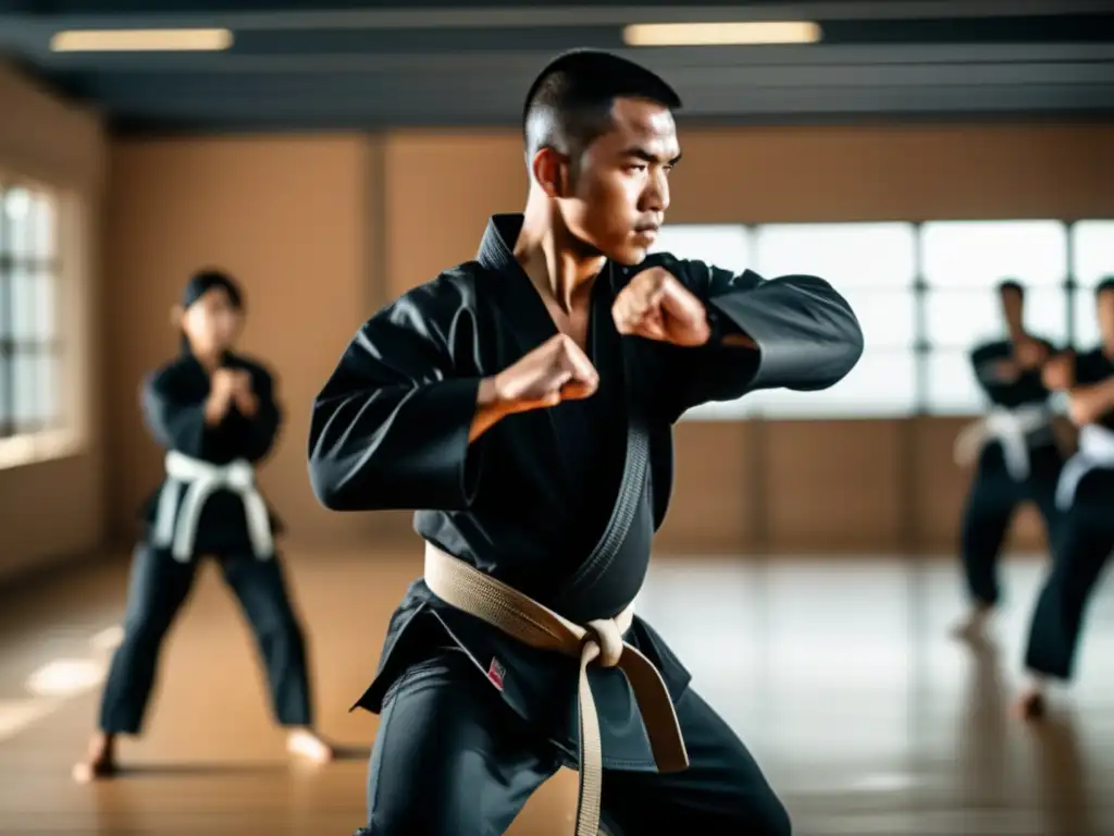 Persona en entrenamiento de defensa personal, mostrando habilidades en artes marciales