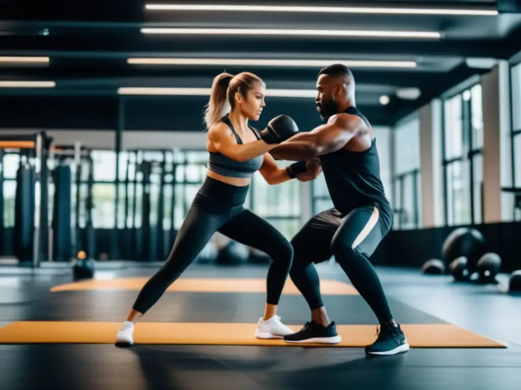 Imagen: Técnicas defensa personal en gimnasio moderno - Escenario emergencia