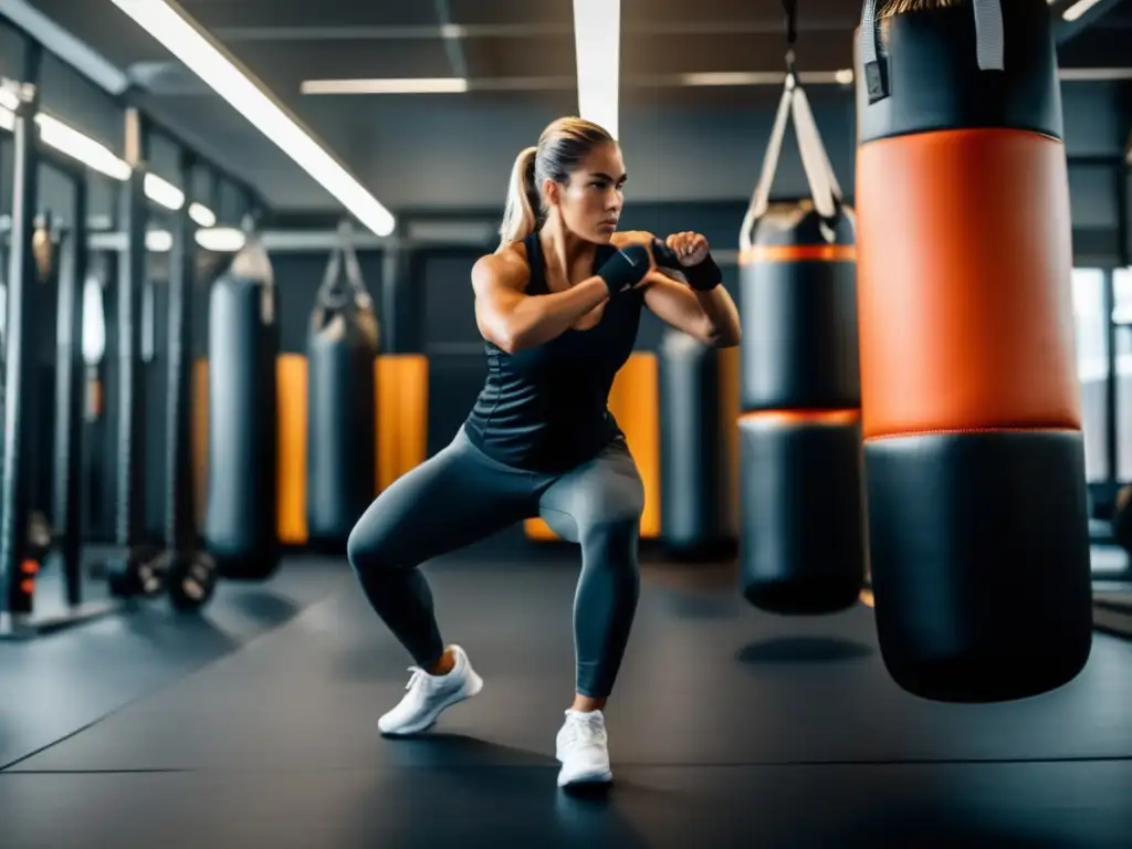 Imagen: Gimnasio moderno, entrenamiento de defensa personal para preppers, fuerza física y determinación