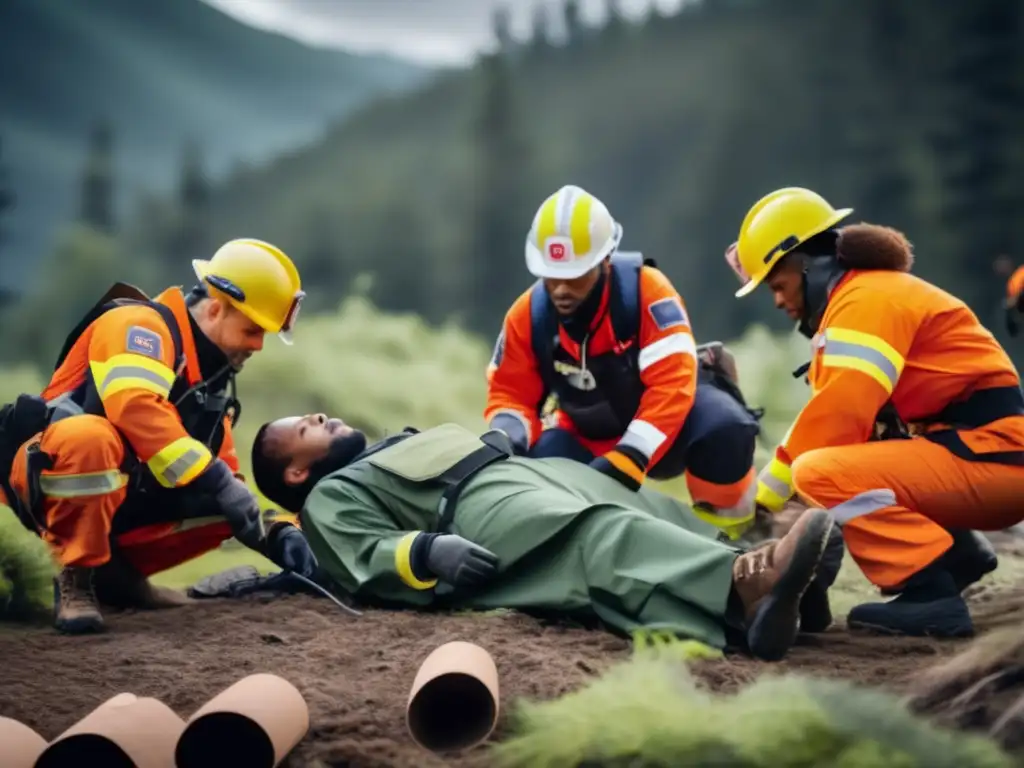 Importancia certificaciones supervivencia: grupo diverso en simulacro urgencia al aire libre