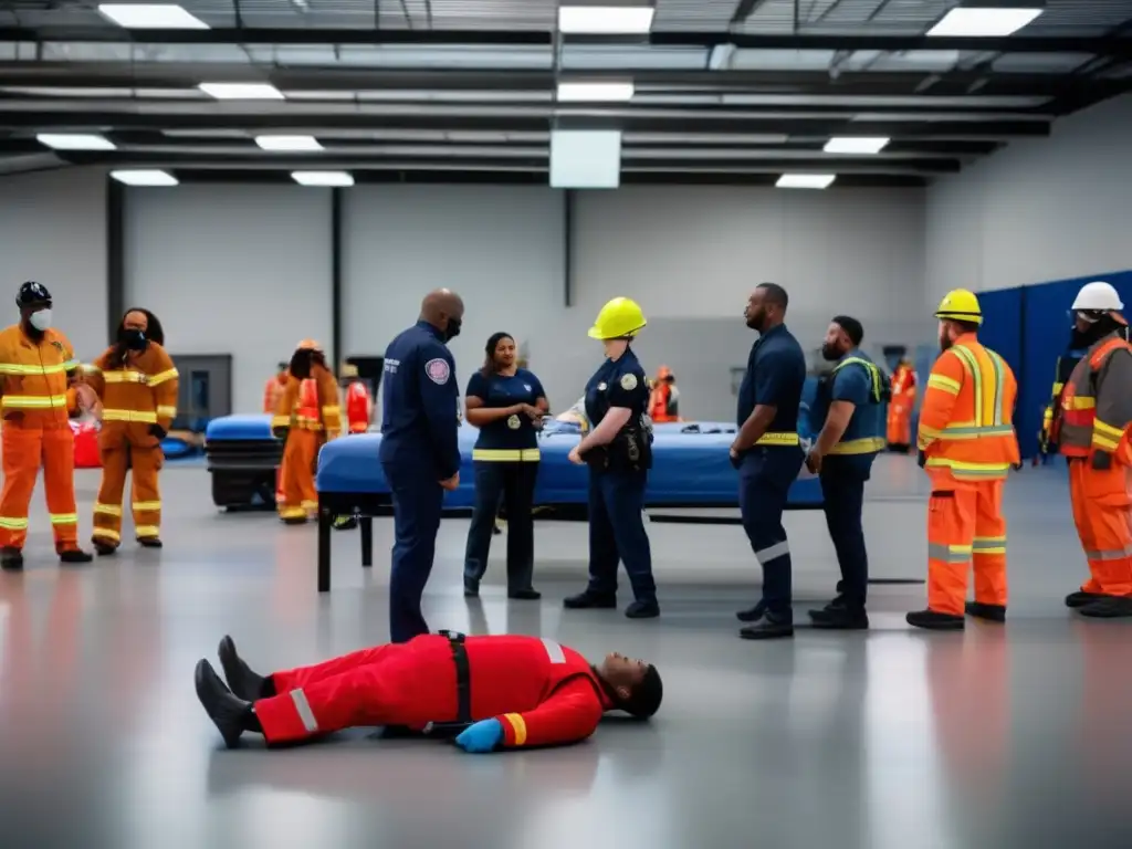 Grupo diverso en entrenamiento de preparación de emergencias con certificación