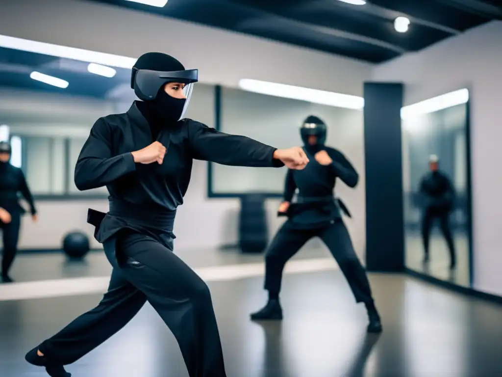 Persona practicando técnicas de evasión en un moderno centro de entrenamiento de autodefensa