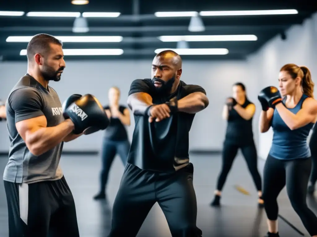 Entrenamiento intenso de Krav Maga: Grupo enfocado y determinado en gimnasio moderno