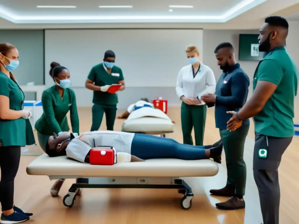 Grupo practicando técnicas de primeros auxilios en sala bien iluminada con equipo médico