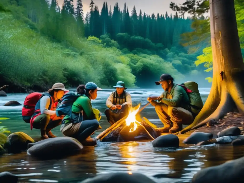 Curso supervivencia: grupo aprende técnicas al aire libre en un bosque exuberante, con río y árboles altos