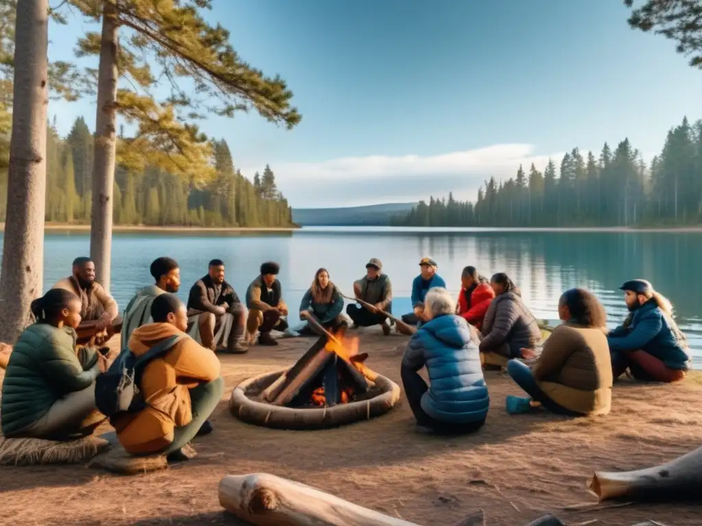 Grupo diverso aprendiendo cursos supervivencia al aire libre