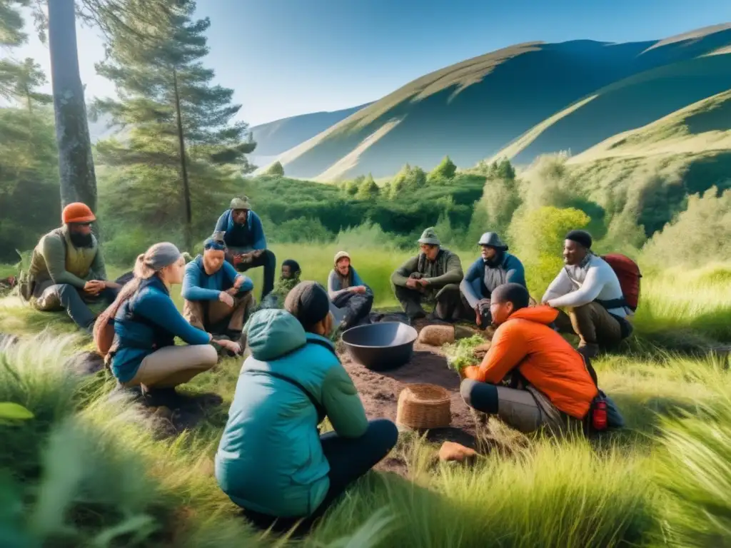 Grupo diverso aprendiendo la importancia de certificaciones de supervivencia en un entorno natural con actividades prácticas