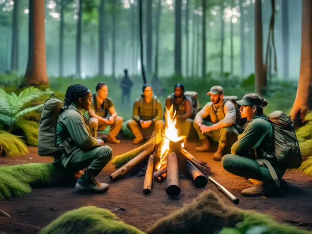 Capacitación en supervivencia en un entorno moderno: diversidad de estudiantes aprendiendo técnicas en el bosque