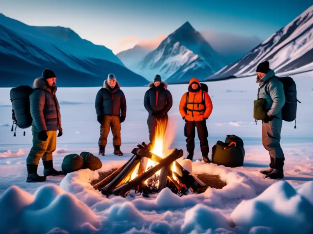 Curso supervivencia zonas frías: paisaje helado, grupo aprendiendo prevención hipotermia, instructor profesional