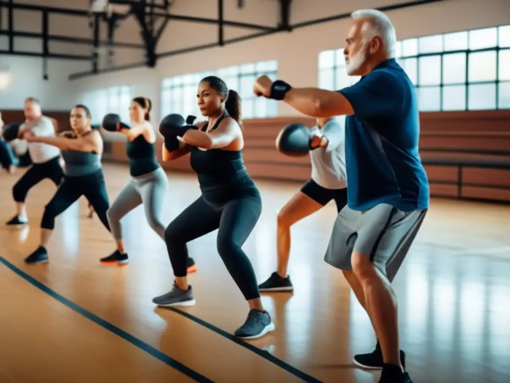 Grupo diversos en gimnasio: Técnicas defensa personal preppers menores entrenan con instructor y equipamiento moderno