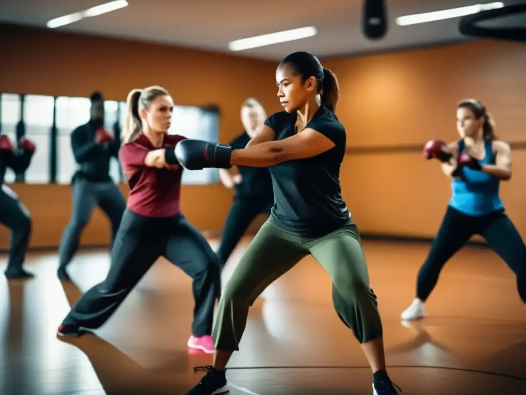 Grupo entrenando técnicas de defensa personal en gimnasio con equipo moderno