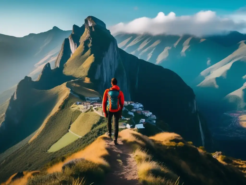 Imagen: Entrenamiento mental para supervivencia completo - Persona en la cima de una montaña, paisaje espectacular y determinación