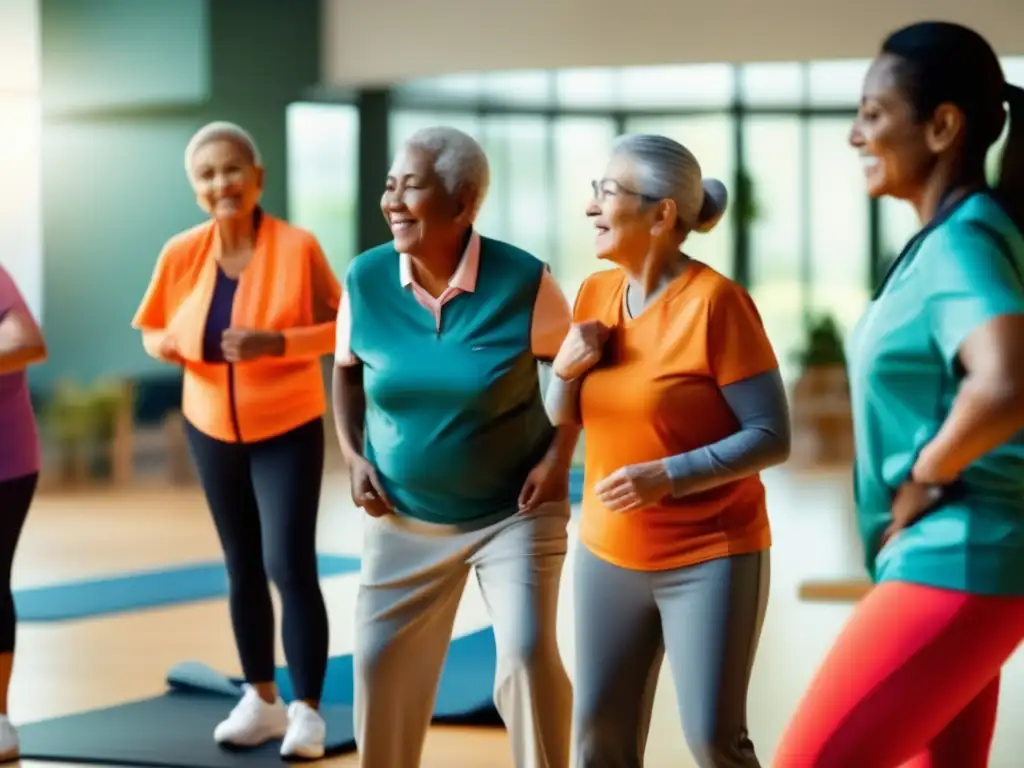 Integración de ancianos en preparacionismo: imagen de entrenamiento con actividades variadas y positivas en un entorno moderno y espacioso