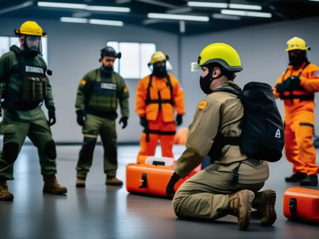 Entrenamiento supervivencia desastres nucleares: Diversos individuos preparados practican habilidades en instalación moderna