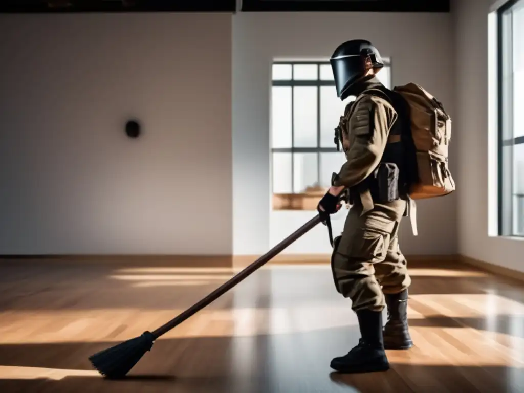 Técnicas defensa armas improvisadas preparacionismo: Persona en pose dinámica con broomstick reforzado en mano, destacando cada detalle