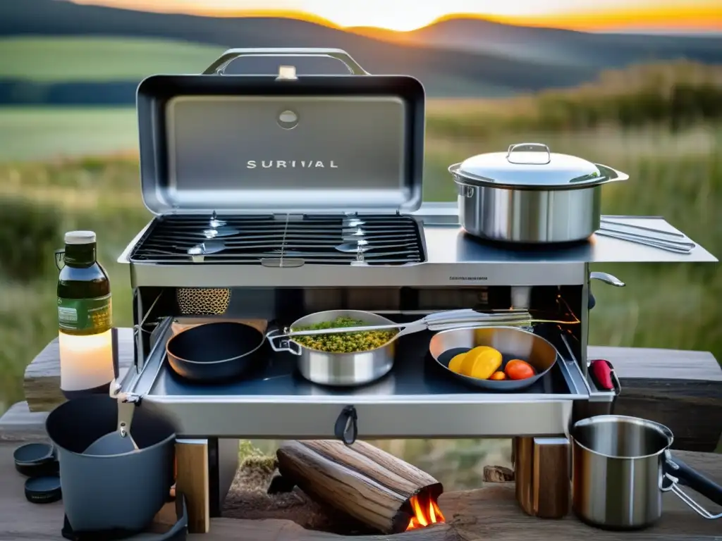 Equipo de cocina para supervivencia con estufa de acero inoxidable, mesa plegable, utensilios de cocina, platos ecológicos y filtro de agua