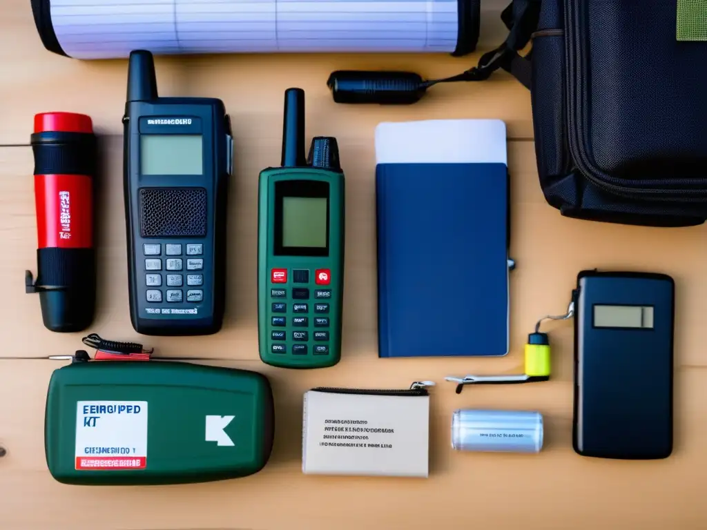 Un kit de comunicación de emergencia bien equipado con radio, teléfono satelital, libreta, linterna y botiquín de primeros auxilios