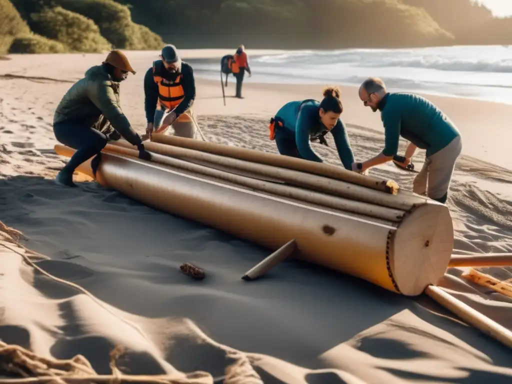 Construcción balsas supervivencia paso a paso: grupo de personas construyendo una balsa en una playa soleada