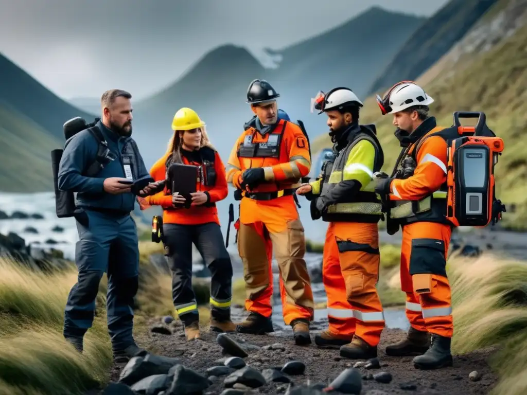 Profesionales en equipo de respuesta de emergencia con dispositivos de comunicación emergencia impermeables