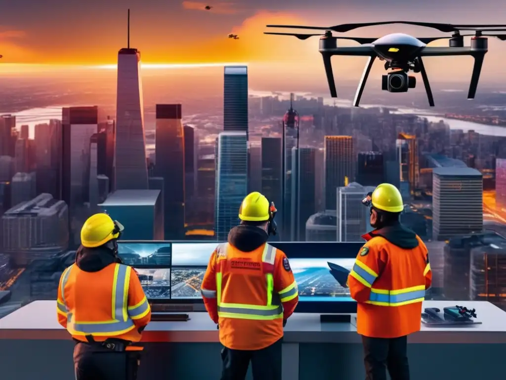 Beneficios de utilizar drones en preparación para emergencias: equipo de respuesta de emergencia y drones vigilando la ciudad