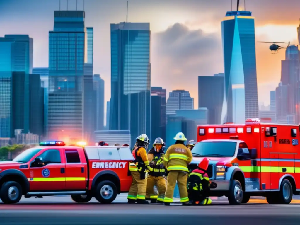 Importancia comunicación emergencia humana: Rescatistas en acción con el skyline de la ciudad al fondo