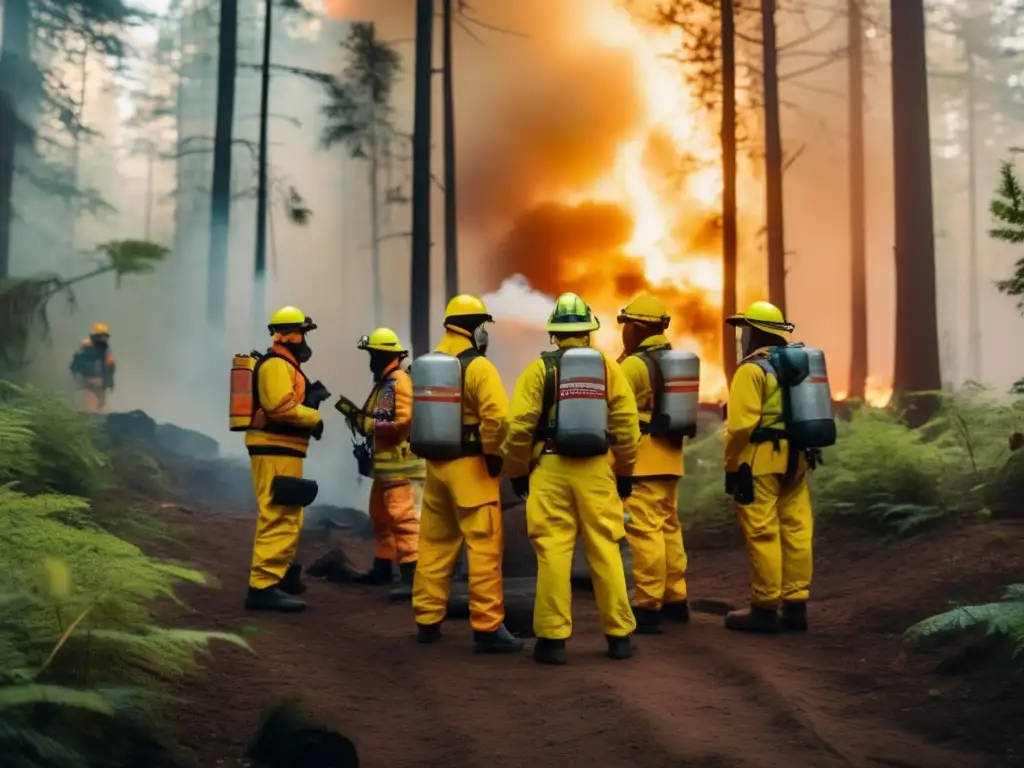 Equipo de emergencia en un bosque denso, comunicación efectiva en situaciones extremas