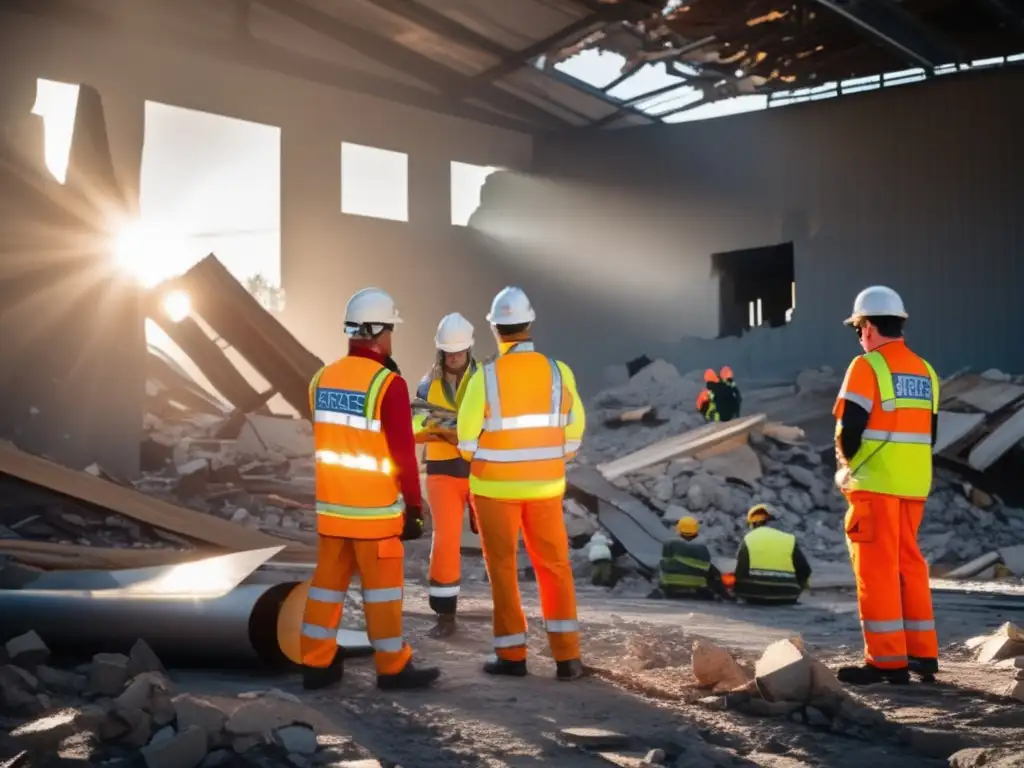 Preparación terremotos: Equipo rescate inspeccionando edificio dañado