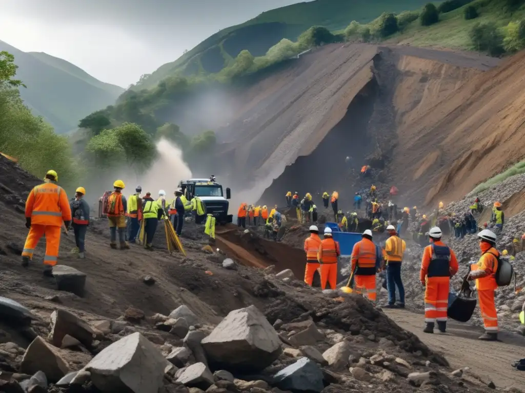 Equipo de rescate evaluando daños y riesgos en deslizamiento de tierra con técnicas de supervivencia