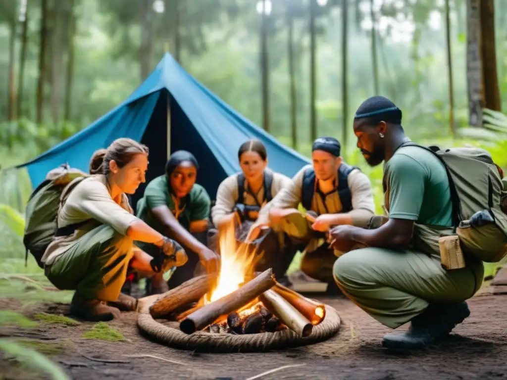 Grupo diverso en campamento de supervivencia con reglas efectivas