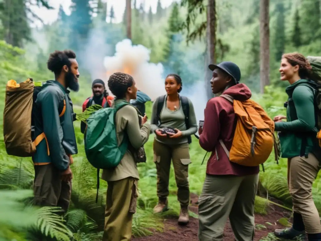 Grupo diverso en círculo, rodeado de bosque verde, realizando tareas de supervivencia: fuego, refugio, agua y comida