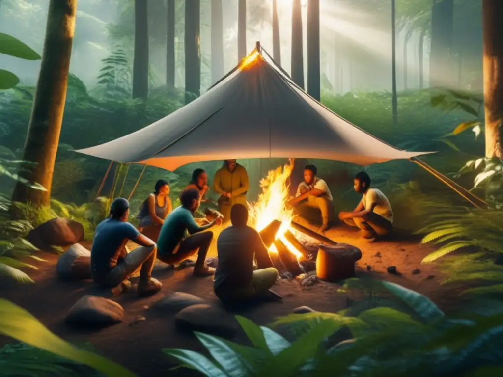 Gestión habilidades supervivencia grupal: equipo diverso trabajando juntos en escenario forestal