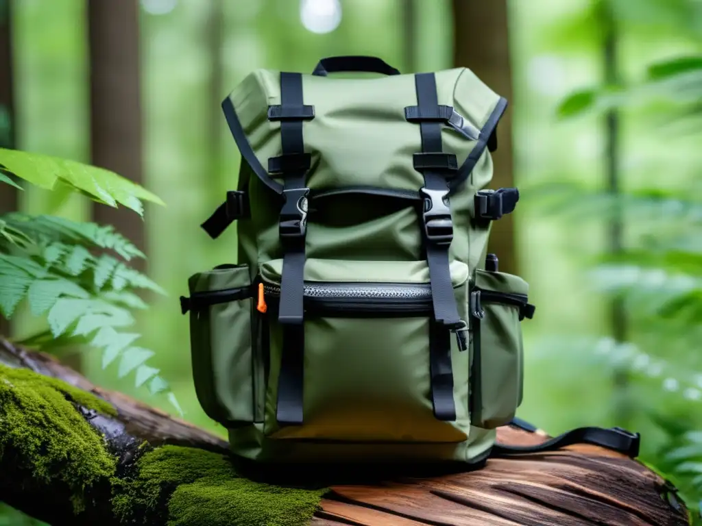 Equipo esencial en mochila de emergencia en bosque verde