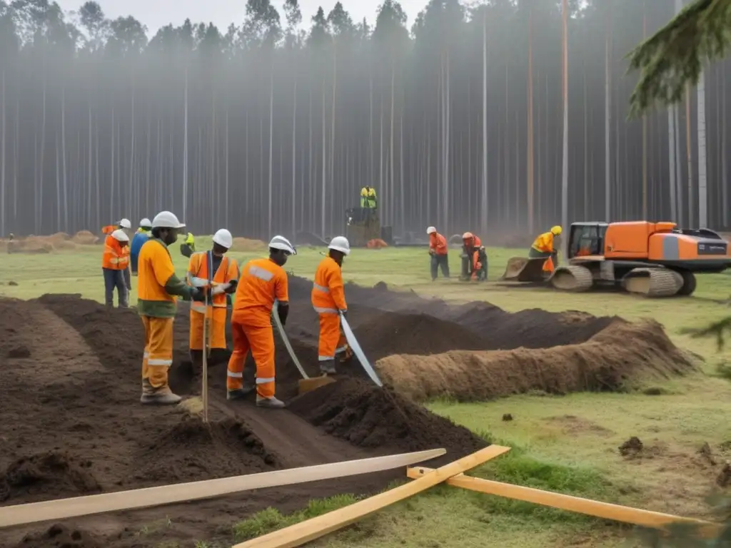 Construcción refugio supervivencia bosque: Trabajadores preparando terreno para construcción de refugio en bosque