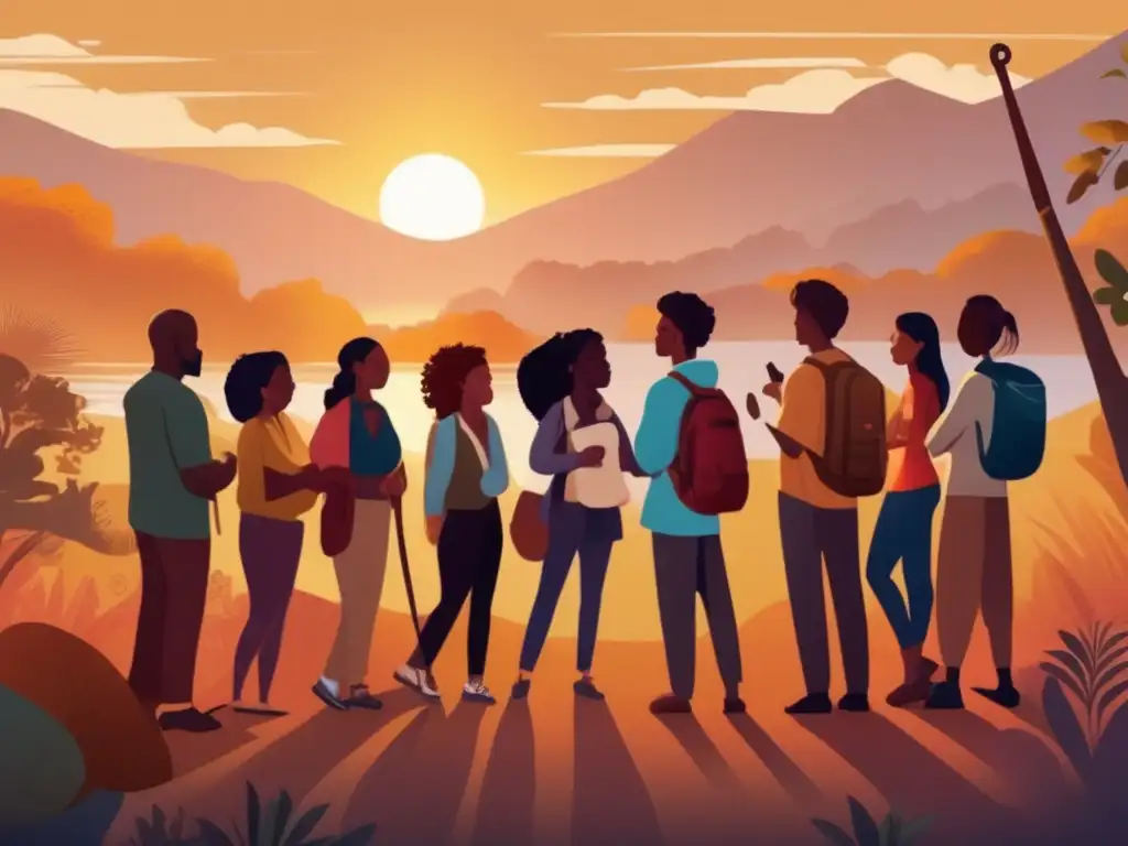 Supervivencia grupal: personas diversas unidas con habilidades y trabajo en equipo en entorno desafiante