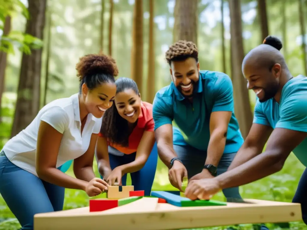 Equipo diverso en actividad de teambuilding en bosque, demostrando flexibilidad en dinámica de grupo supervivencia