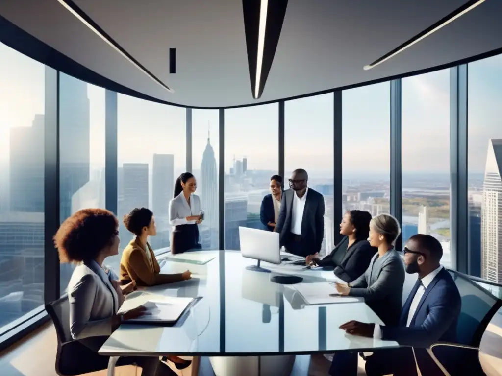 Equipo diverso trabajando en armonía en una oficina moderna con vista panorámica a la ciudad