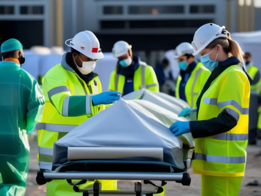 Equipo médico de emergencia montando hospital móvil tras desastre