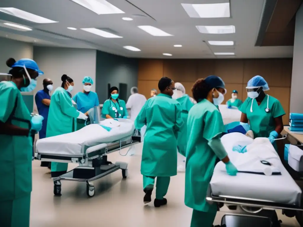 Equipo médico en acción durante respuesta a desastre, en instalación moderna tras evento climático