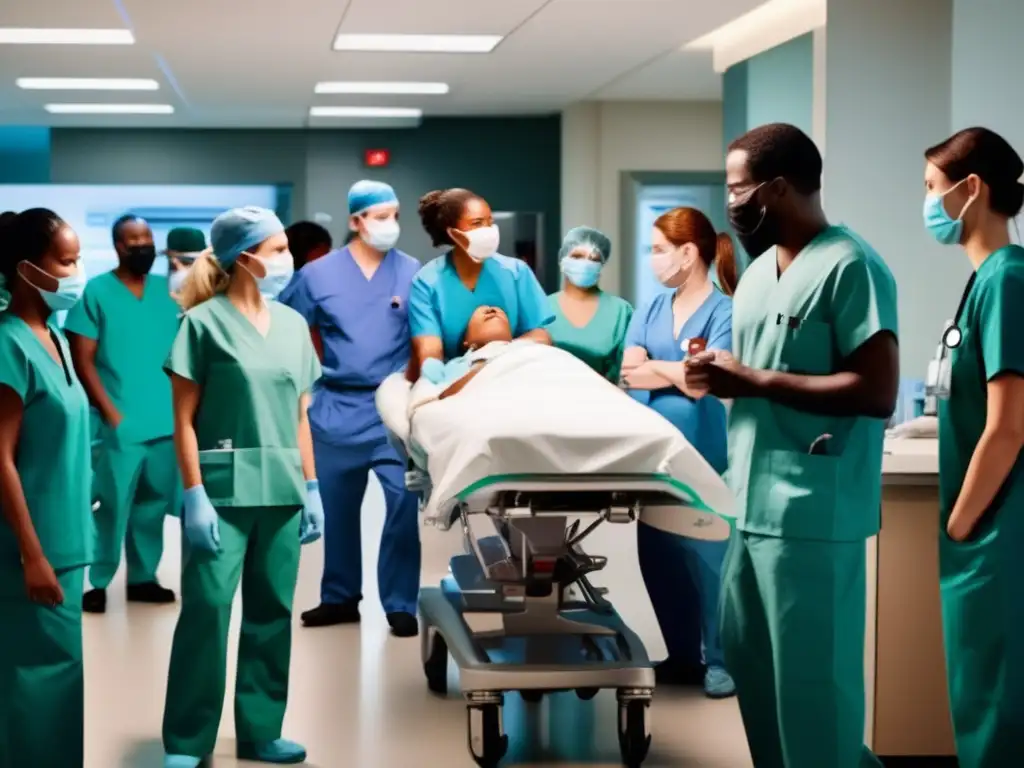 Importancia del lenguaje corporal en emergencias: Personal médico atendiendo a pacientes en una sala de emergencias iluminada y llena de actividad