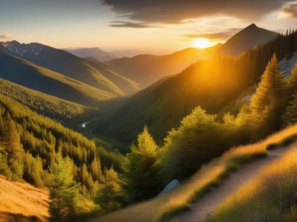 Huida exitosa en crisis: paisaje montañoso con sendero y bosques densos, iluminado por el sol