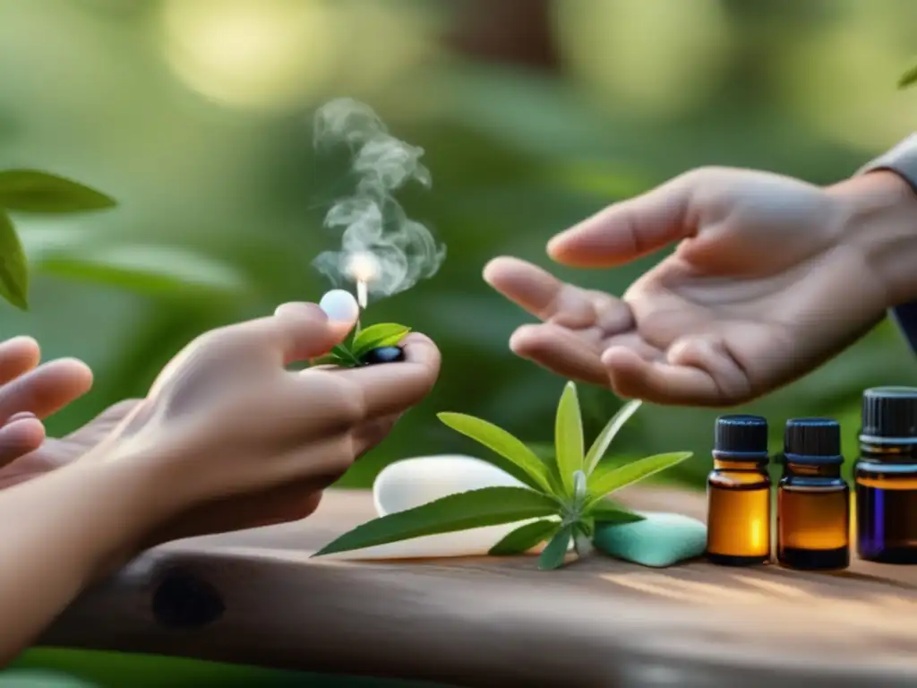 Beneficios de aceites esenciales en supervivencia: Escena al aire libre con plantas vibrantes y aromáticas