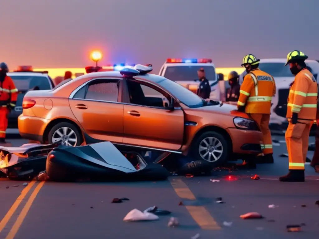 Escena caótica de un accidente de coche al anochecer