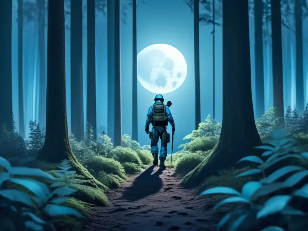 Técnicas de orientación nocturna para preppers - Imagen: Bosque iluminado por la luna, prepper navegando en la oscuridad