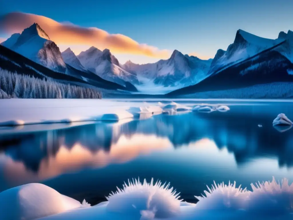 Preparación para invierno extremo: Paisaje nevado impresionante con montañas heladas, lago congelado y persona en condiciones extremas