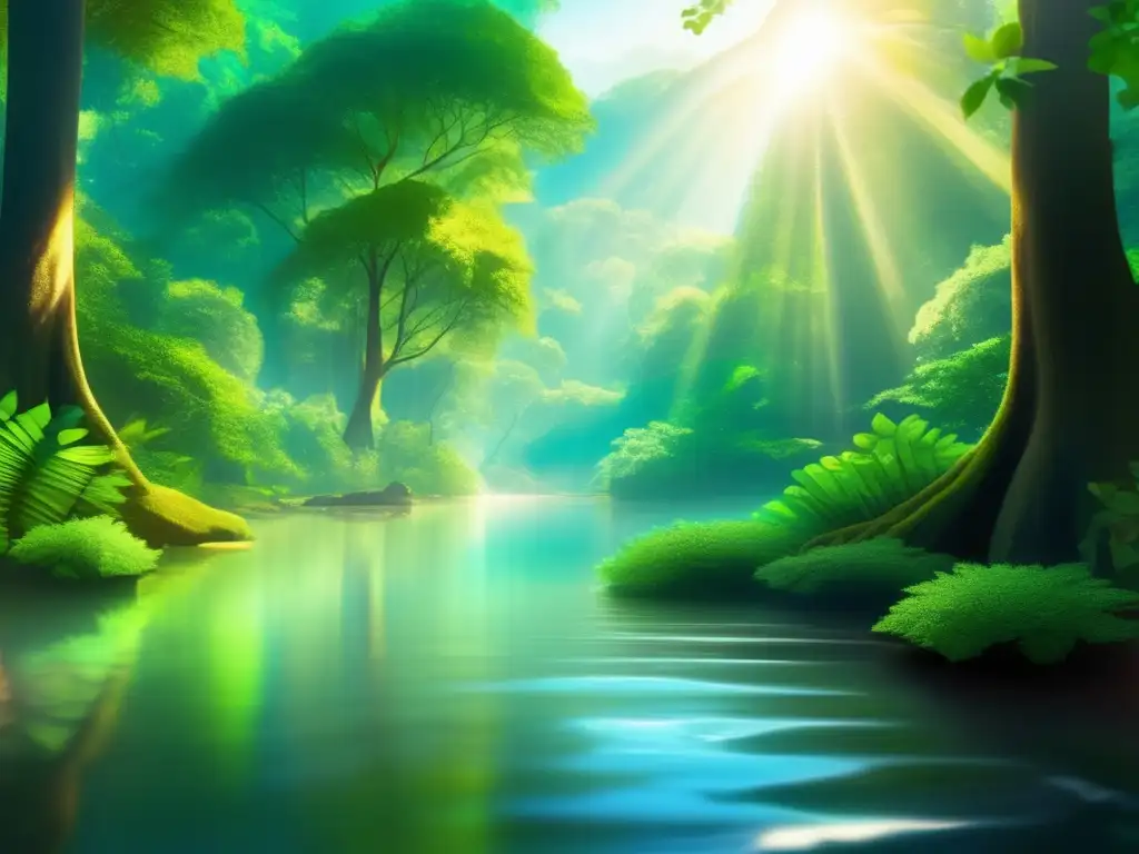 Escena impresionante en el bosque: río cristalino, árboles majestuosos, cascada, señales SOS