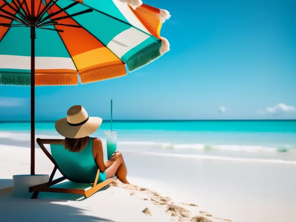 Escena de playa serena con persona bajo sombrilla colorida y agua turquesa