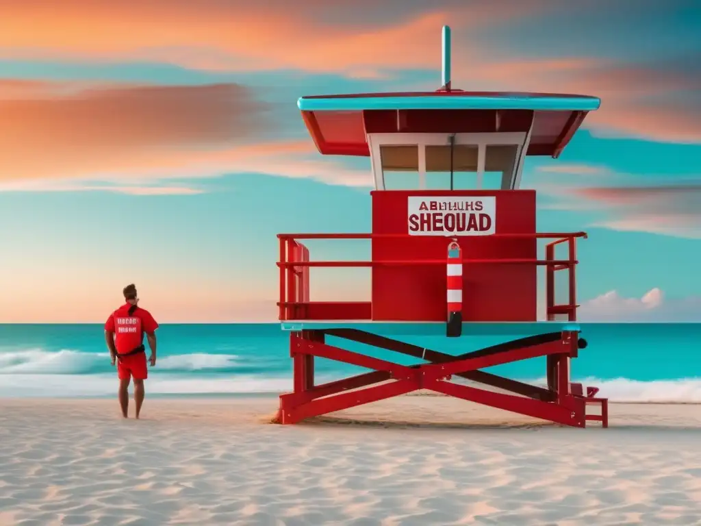 Playa dorada al atardecer, torre de salvavidas Técnicas rescate acuático supervivencia - Serena playa al atardecer, agua cristalina, torre de socorrista, cielo impresionante