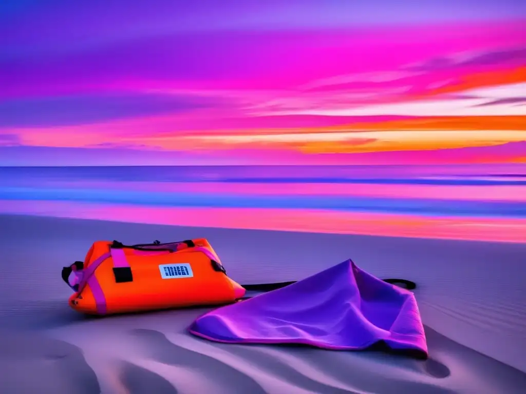 Atardecer en playa con equipo de rescate Técnicas rescate acuático supervivencia en una playa al atardecer