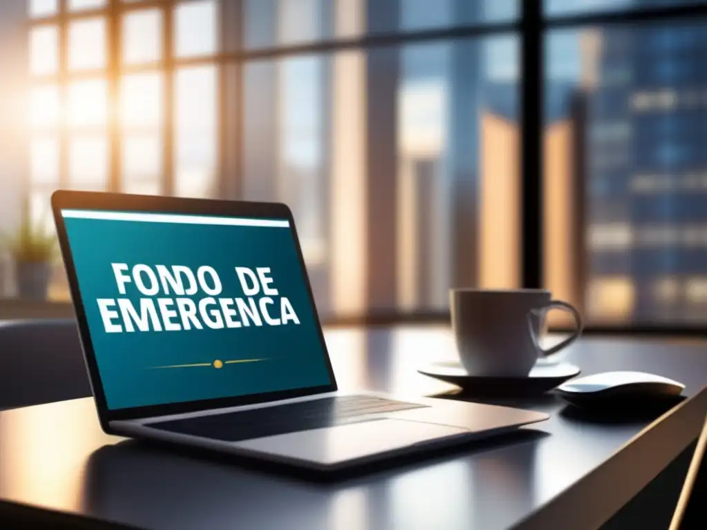 Despacho moderno con laptop, calculadora y 'Fondo de emergencia resistente a crisis'