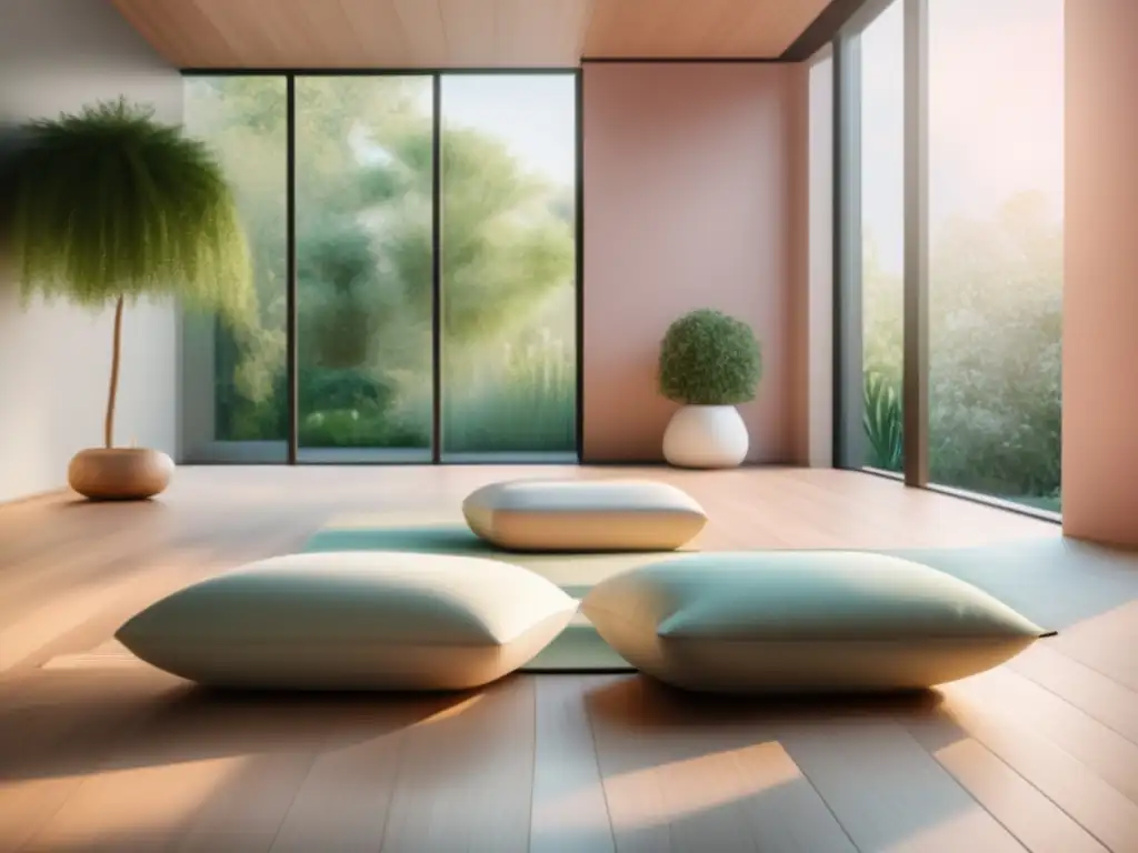 Meditación en emergencias: sala moderna y serena con decoración minimalista, luz natural, vista a un jardín tranquilo y beneficios para el bienestar